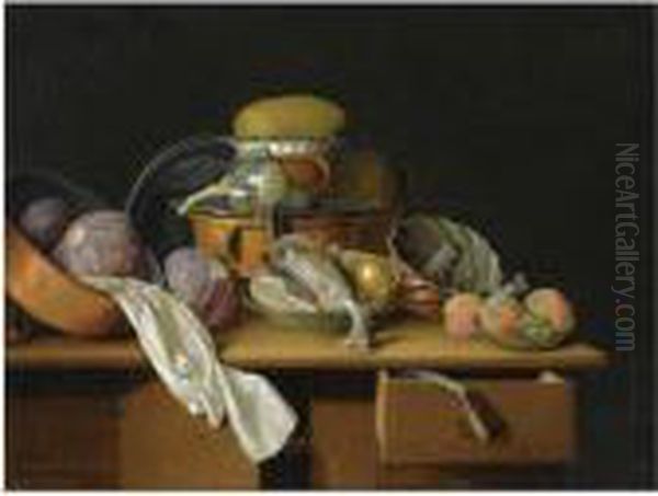 A Kitchen Still Life With 
Cabbages In A Pewter Pot, A Cauliflower On A Pewter Plate, A Chicken And
 A Pear In A Bowl, Peaches And Grapes In A Bowl, All On A Wooden Table Oil Painting by Peter Jacob Horemans