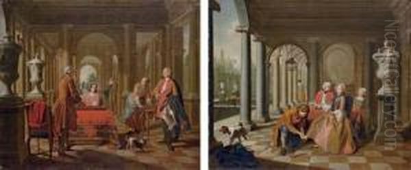 An Elegant Couple Playing 
Tric-trac In A Loggia; And An Elegant Couple Taking Tea In A Loggia Oil Painting by Peter Jacob Horemans