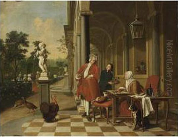 An Elegant Man Smoking A Pipe 
With An Elegant Lady Embroidering In A Classical Archway, Together With A
 Servant Offering Fruits, A Merry Company In A Formal Garden To The 
Background Oil Painting by Peter Jacob Horemans