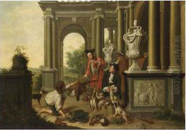 The Successful Hunt: An Elegant 
Hunting Party Near A Classical Building With A Sleeping Sportsman To The
 Foreground And A Staghunt To The Background Oil Painting by Peter Jacob Horemans