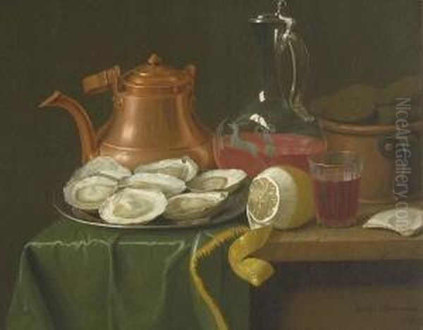 Stillleben Mit Austern, Zitrone,
 Weinkaraffe Und -glas Sowie Kupfergeschirr. Oil Painting by Peter Jacob Horemans