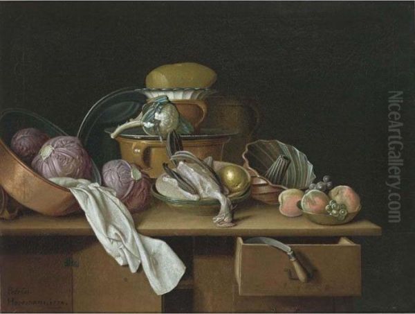 A Kitchen Still Life With 
Cabbages And A Cauliflower In Pewter Pots, A Chicken And A Pear In A 
Bowl And Peaches And Grapes In A Bowl, All On A Wooden Table Oil Painting by Peter Jacob Horemans