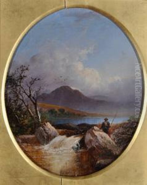 Fishermen Near A Mountain Lake Oil Painting by George W. Horlor