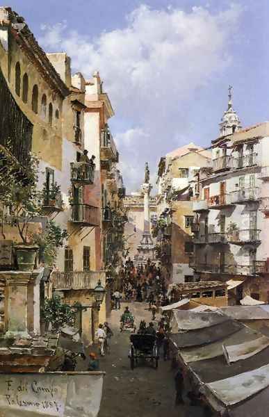 A Busy Thoroughfare, Palermo, Sicily Oil Painting by Federico del Campo