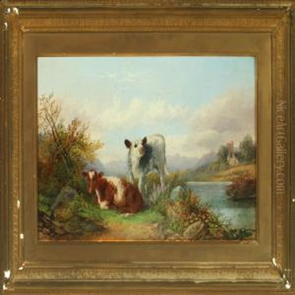 Mountainlandscape With Calves Oil Painting by George W. Horlor