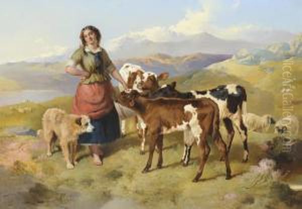 Milkmaid With Calves In A Lakeland Landscape Oil Painting by George W. Horlor