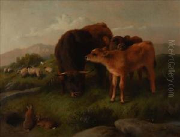 Animals In A Highland Landscape Oil Painting by George W. Horlor