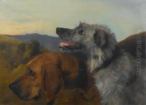 A Blood Hound And A Deerhound In A Landscape Oil Painting by George W. Horlor