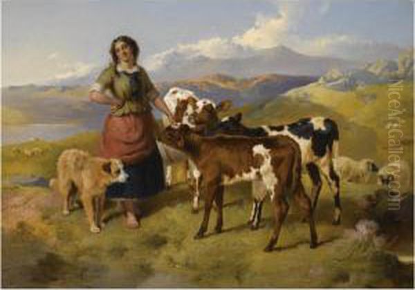 Highland Landscape With A Shepherdess Feeding Calves Oil Painting by George W. Horlor