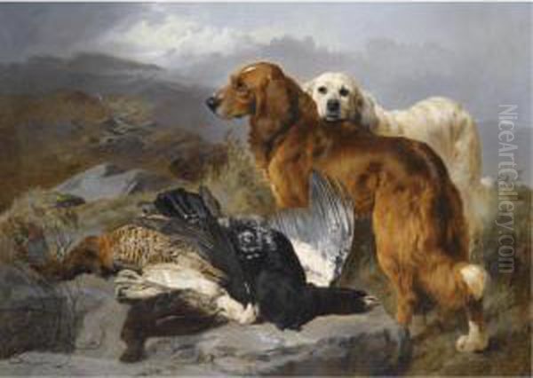 A Retriever And Setter With Capercaillie, Ptarmigan And Grouse Oil Painting by George W. Horlor