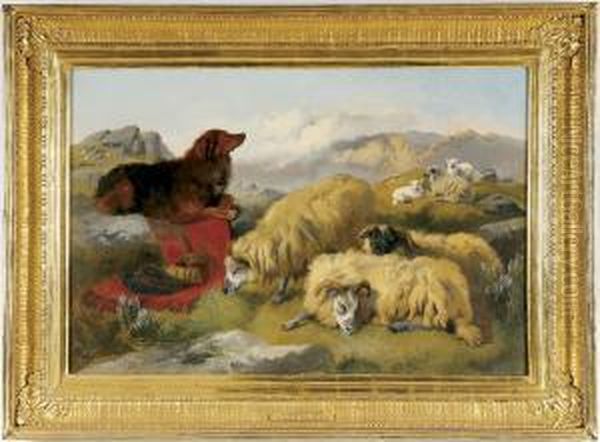 Guarding Sheep In The Highlands Oil Painting by George W. Horlor