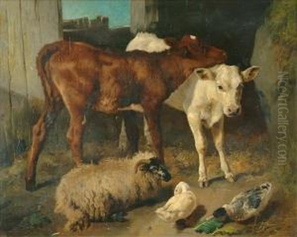 A Groupof Farm Yard Animals In The Stable Oil Painting by George W. Horlor