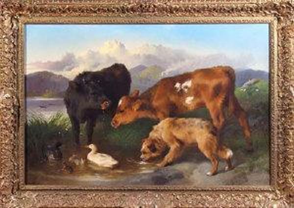 Calves And A Dog Drinking At A Riverbank Oil Painting by George W. Horlor