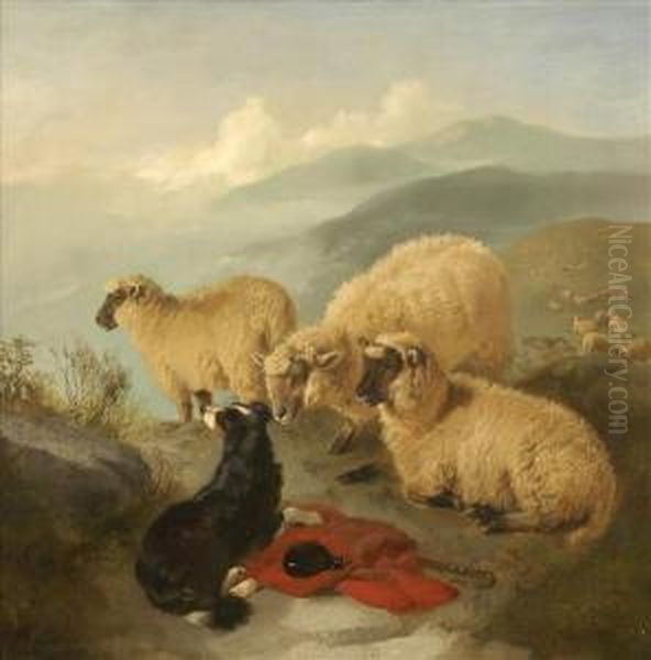 A Watchingbrief, Sheep Dog And Sheep In A Mountainous Landscape Oil Painting by George W. Horlor