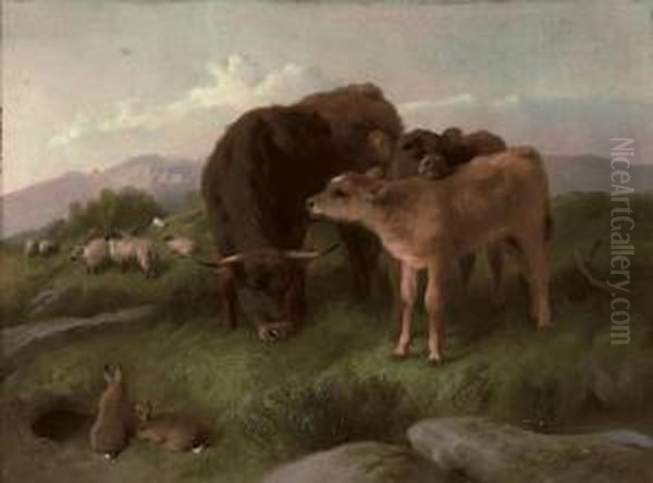 Cattle, Sheep And Rabbits On A Hillside Oil Painting by George W. Horlor