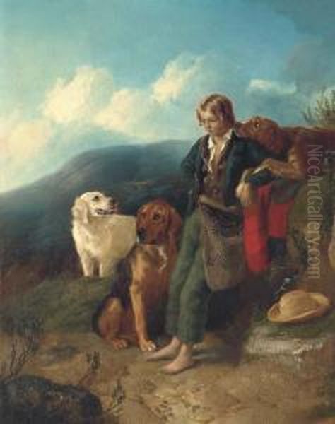 A Young Ghillie With His Dogs Oil Painting by George W. Horlor