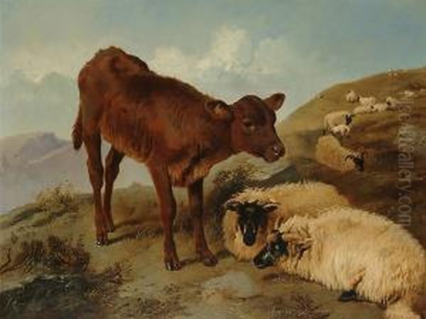 A Calf And Sheep In A Landscape Oil Painting by George W. Horlor