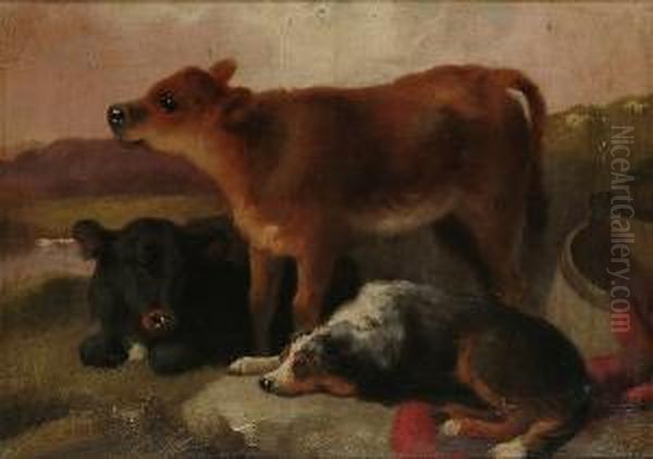 Calves And A Collie In A Landscape Oil Painting by George W. Horlor