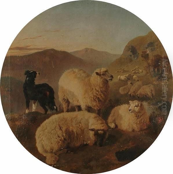 Sheep In A Mountain Landscape Oil Painting by George W. Horlor