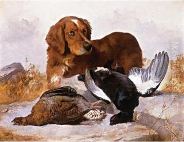 A Setter With Game Birds In A Highland Landscape Oil Painting by George W. Horlor