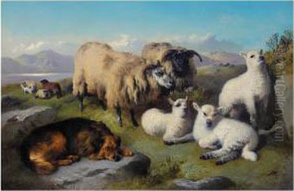 Sheep And Sheepdog In A Landscape Oil Painting by George W. Horlor