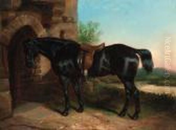 A Dark Brown Hunter Tethered Outside A Stable Oil Painting by George W. Horlor