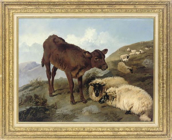 A Calf And Sheep In A Landscape Oil Painting by Joseph Horlor