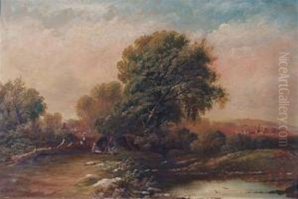 A Riverside Camp Fire Oil Painting by Joseph Horlor