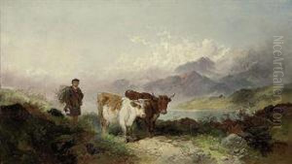 A Drover And Cattle Beside A Highland Loch Oil Painting by Joseph Horlor