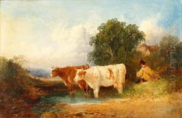 Cattle Watering With Cowherd Oil Painting by Joseph Horlor