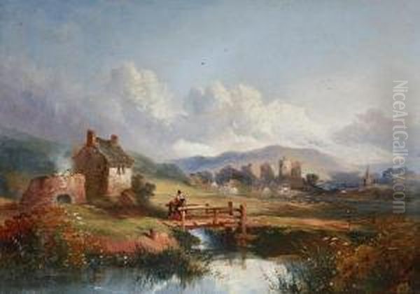 A Welsh Landscape, With A Lady In Welshcostume Crossing A Bridge By A Cottage Oil Painting by Joseph Horlor