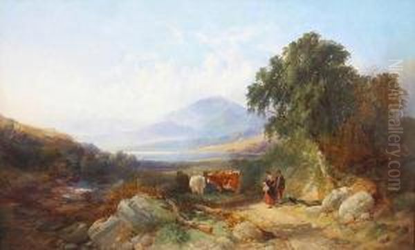 Travellers And Cattle Before A Mountainlandscape Oil Painting by Joseph Horlor