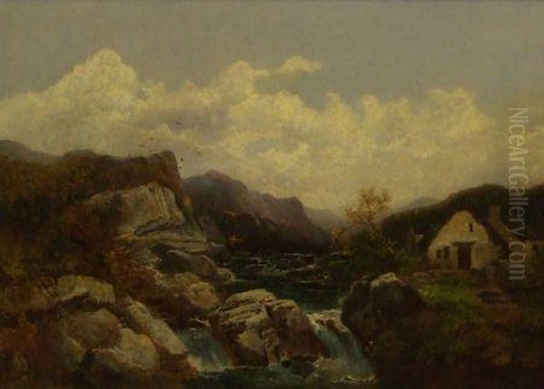 Mountain River Landscape With Angler Oil Painting by Joseph Horlor