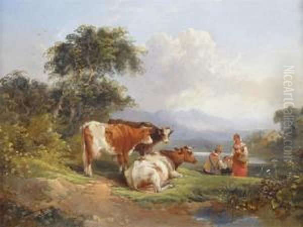 Pastoral Scene With A Family And Cattle By A River Oil Painting by Joseph Horlor