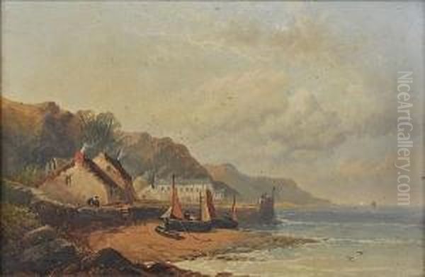 Figures And Beached Fishing Vessels On The Shore Oil Painting by Joseph Horlor