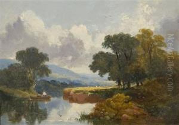 Herdsmen And Cattle In An Upland Lake Landscape Oil Painting by Joseph Horlor