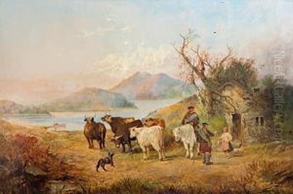 Scottish Drovers Seeking Refreshment At Awayside Bothy Oil Painting by Joseph Horlor