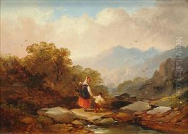 A Lady And Child Past A Lake Oil Painting by Joseph Horlor