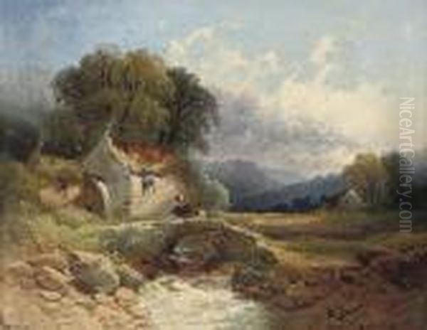 Figures Crossing A Bridge Before A Cottage Oil Painting by Joseph Horlor