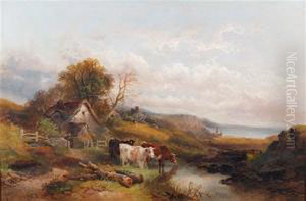 Cattle Watering At A Stream Off The Coast Oil Painting by Joseph Horlor