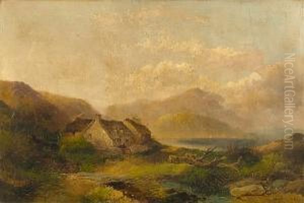 Lake Landscape With Figure Before A Cottage Oil Painting by Joseph Horlor