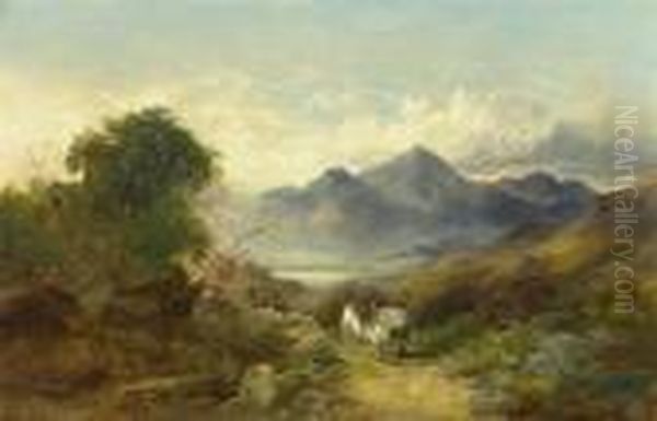 Landschaft Mit Pferden, Reiter Und Gebirge Im Hintergrund. Oil Painting by Joseph Horlor