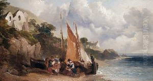 Figures By A Fishing Boat On A Beach Oil Painting by Joseph Horlor