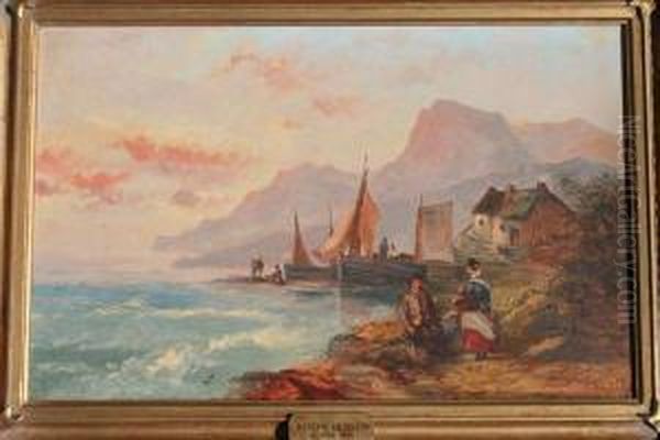 Figures And Boats Onthe Coast Oil Painting by Joseph Horlor