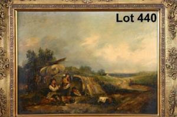 Study Of A Gypsy Encampment 
Onmoorland Setting With Family, Children And Dogs, Cottage In The 
Farground Oil Painting by Joseph Horlor