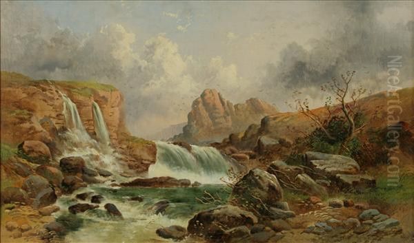 Falls On The Clydenr. Lanark Oil Painting by Joseph Horlor