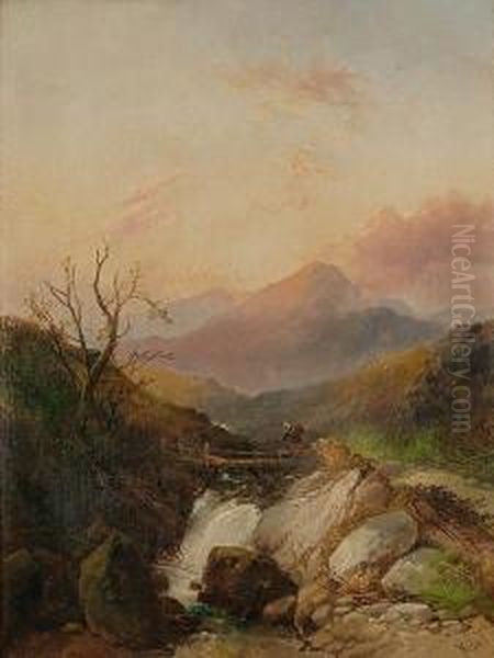 A Traveller Crossing A Bridge Over A Waterfall, Mountains In The Distance Oil Painting by Joseph Horlor