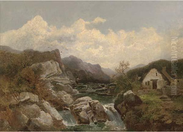 A Cottage Beside A Rocky Mountain Stream Oil Painting by Joseph Horlor