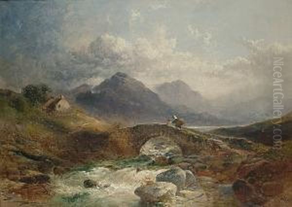 Highland Scene With Figures Crossing A Stream Oil Painting by Joseph Horlor