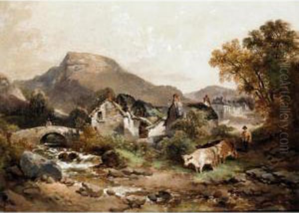 An Overshot Water Mill With Cattle And Figures Oil Painting by Joseph Horlor